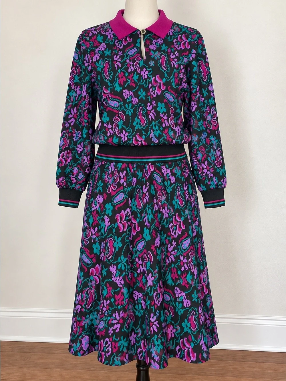 Vintage 80s Cricket Lane Floral Knit Skirt Set M S USA
